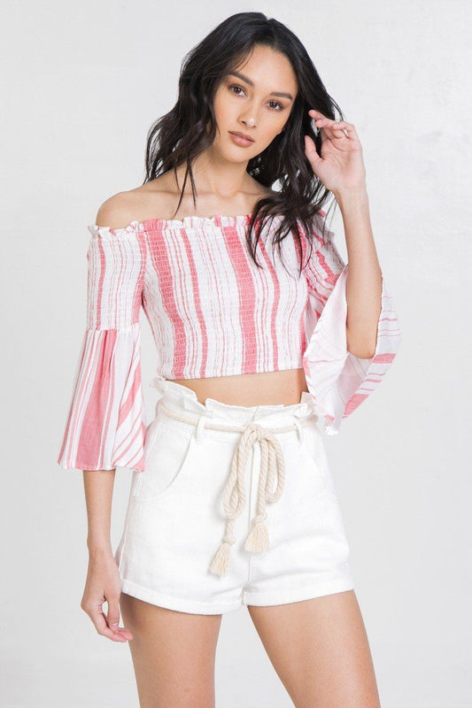 Striped Off-the-shoulder Gauze Crop Top - Absolute Fashion 2020