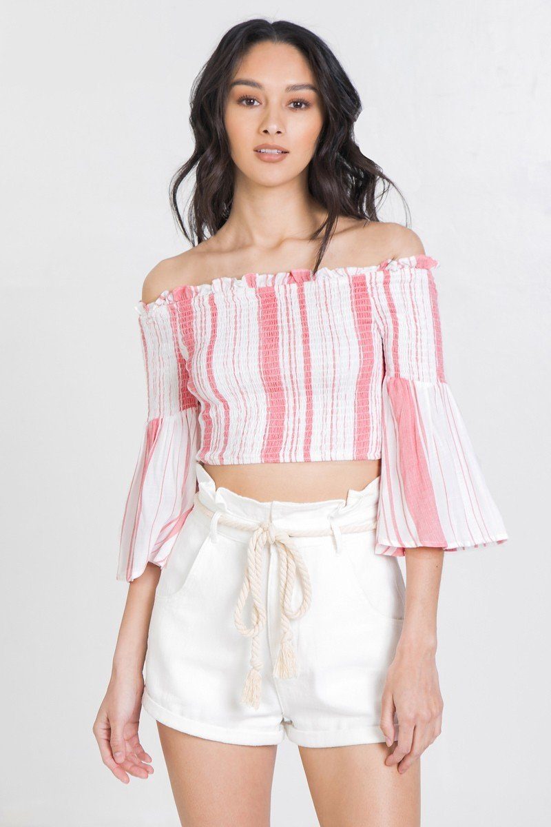 Striped Off-the-shoulder Gauze Crop Top - Absolute Fashion 2020