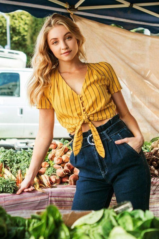 Striped Linen Top With Button-down Closure And Scarf Tie Hem - Absolute Fashion 2020