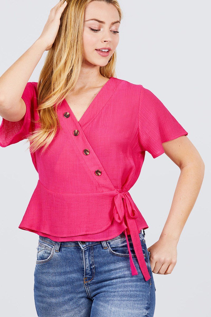 Short Sleeve V-neck Surplice Button Down Detail Ribbon Tie Back Shirring Woven Top - Absolute Fashion 2020