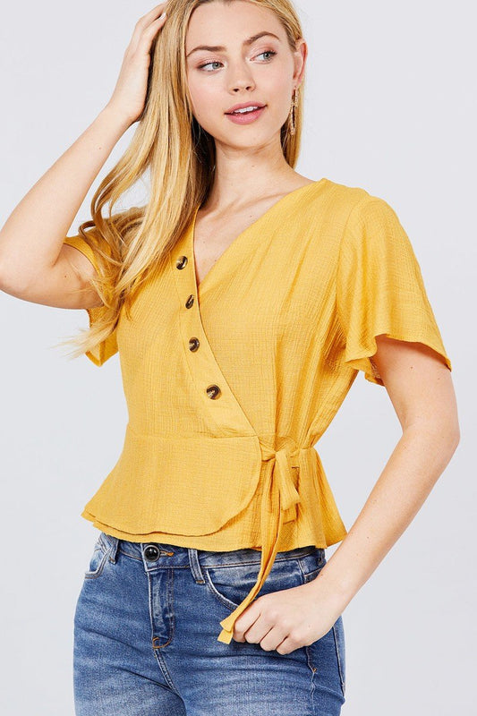Short Sleeve V-neck Surplice Button Down Detail Ribbon Tie Back Shirring Woven Top - Absolute Fashion 2020