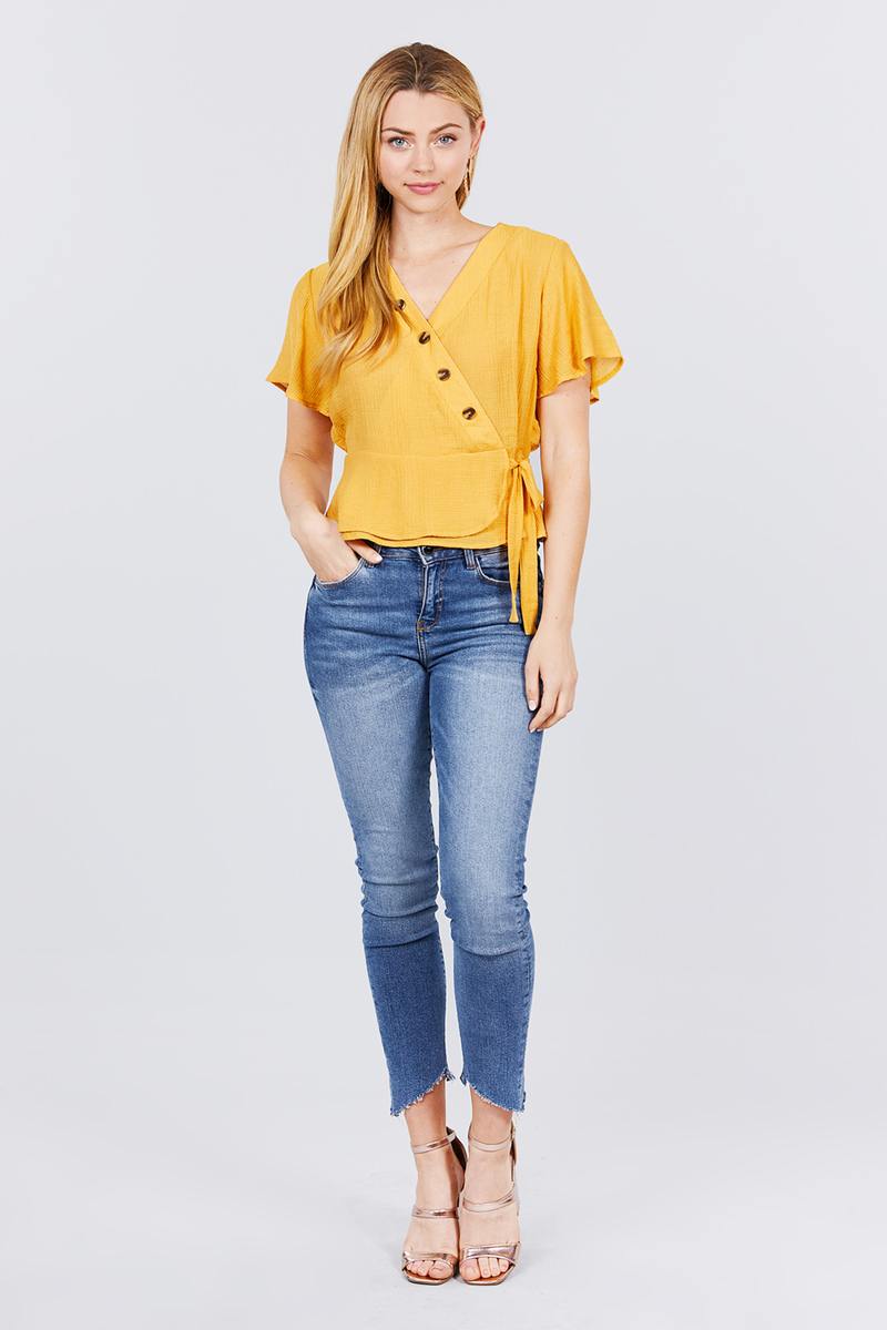 Short Sleeve V-neck Surplice Button Down Detail Ribbon Tie Back Shirring Woven Top - Absolute Fashion 2020