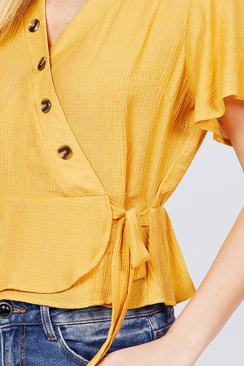 Short Sleeve V-neck Surplice Button Down Detail Ribbon Tie Back Shirring Woven Top - Absolute Fashion 2020