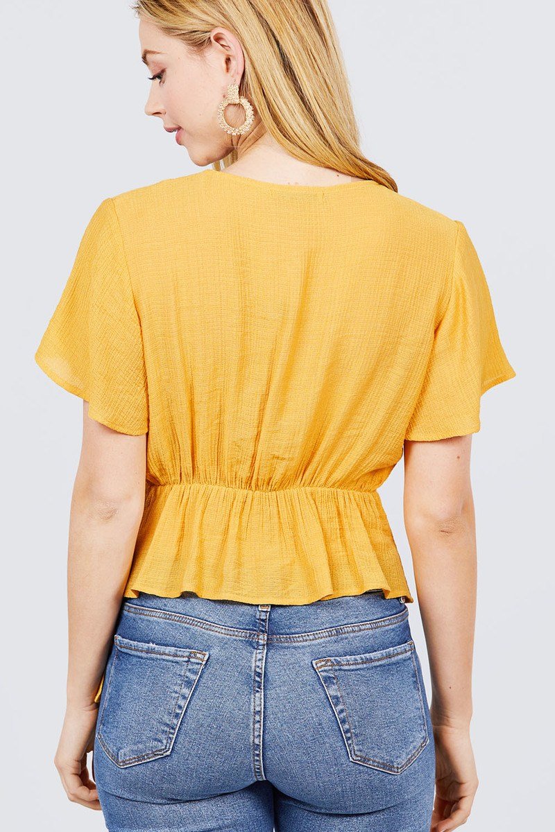 Short Sleeve V-neck Surplice Button Down Detail Ribbon Tie Back Shirring Woven Top - Absolute Fashion 2020