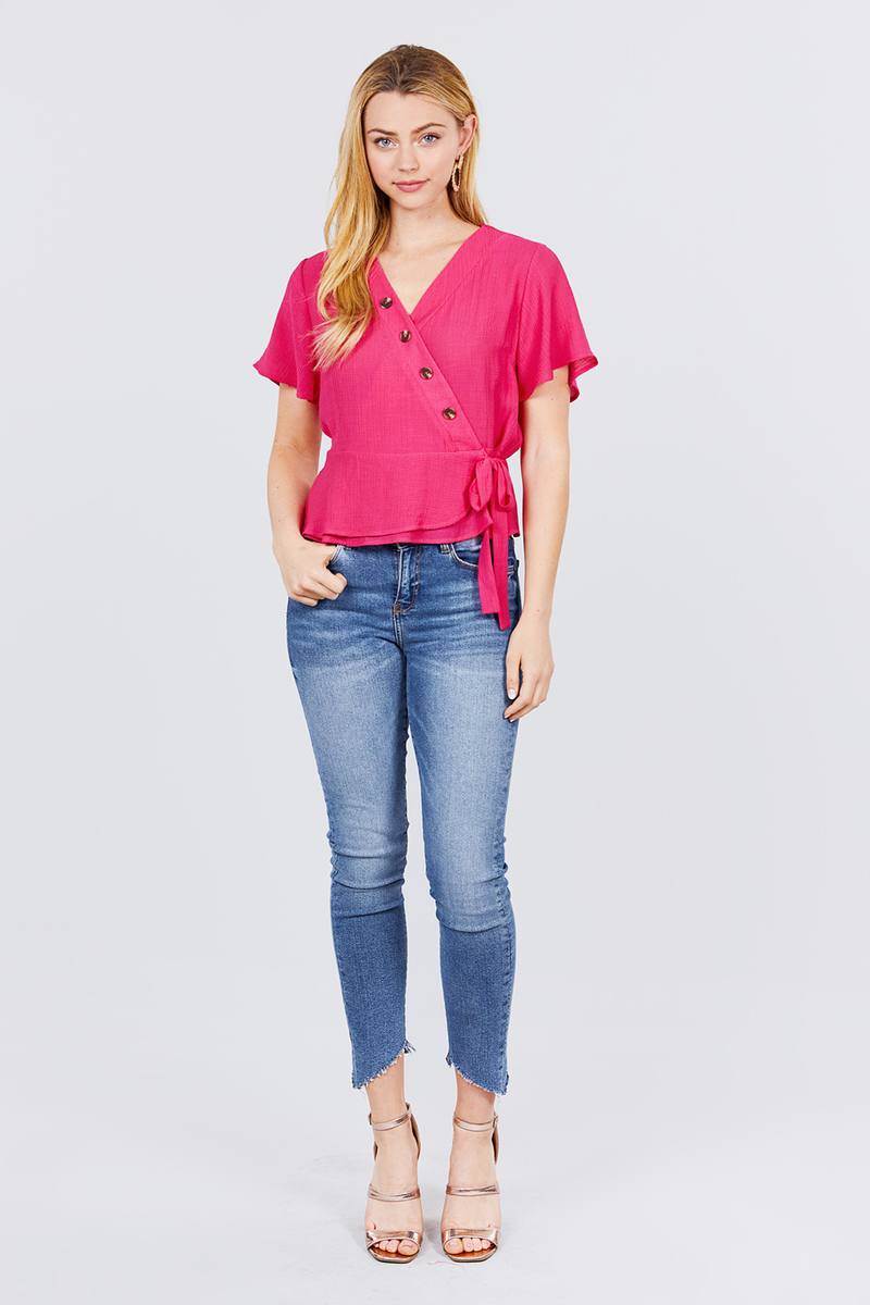 Short Sleeve V-neck Surplice Button Down Detail Ribbon Tie Back Shirring Woven Top - Absolute Fashion 2020