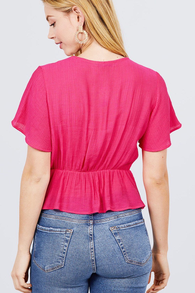 Short Sleeve V-neck Surplice Button Down Detail Ribbon Tie Back Shirring Woven Top - Absolute Fashion 2020