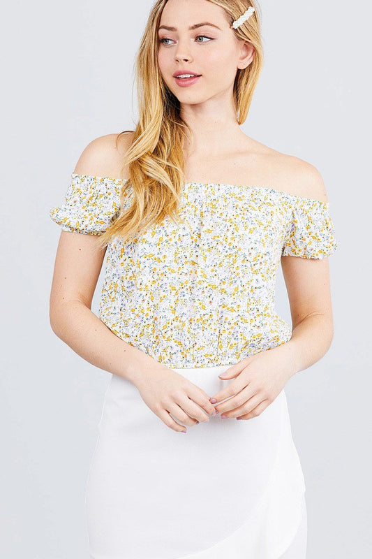 Short Sleeve Off The Shoulder W/shirring Detailed Printed Woven Crop Top - Absolute Fashion 2020
