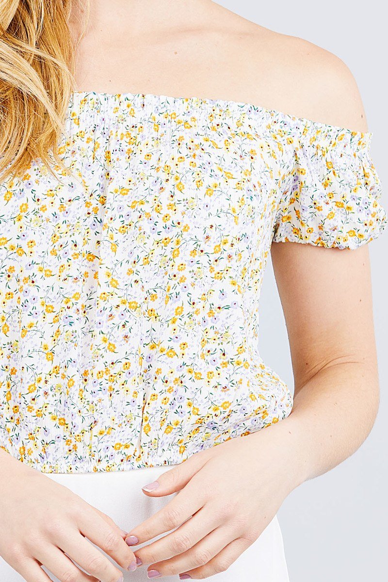 Short Sleeve Off The Shoulder W/shirring Detailed Printed Woven Crop Top - Absolute Fashion 2020