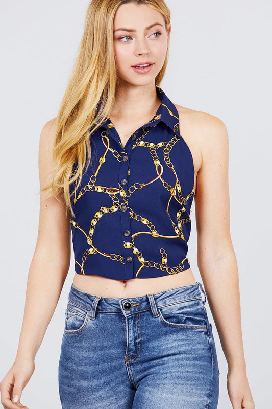 Sleeveless Halter Neck W/collar Button Down Open Back Tie Closer Printed Woven Top - Absolute Fashion 2020
