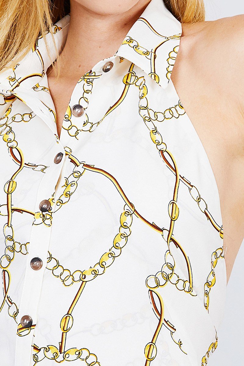 Sleeveless Halter Neck W/collar Button Down Open Back Tie Closer Printed Woven Top - Absolute Fashion 2020