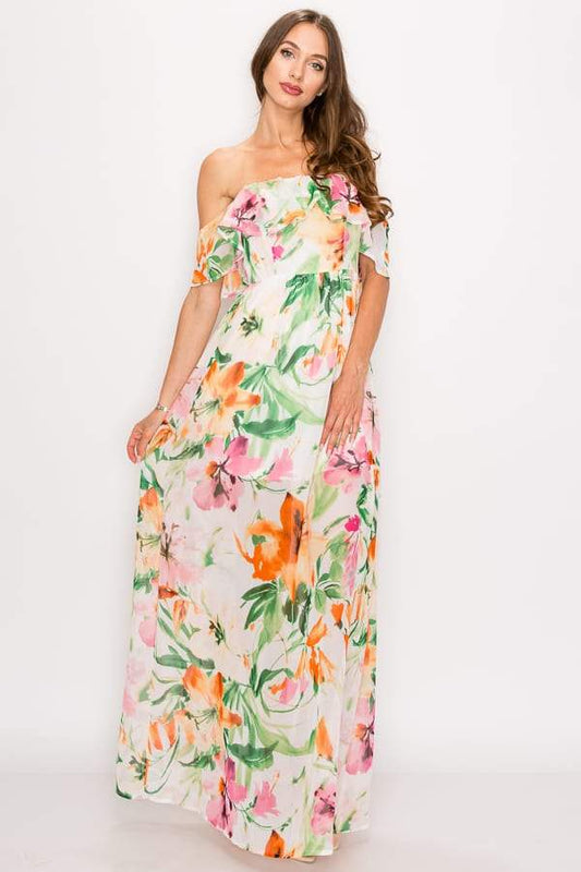 Floral Print Ruffled Off Shoulder Maxi Dress - Absolute Fashion 2020