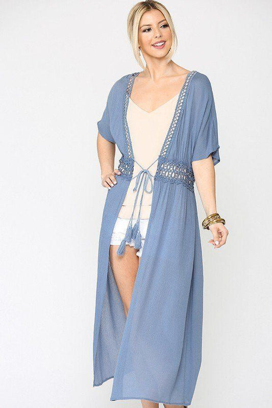 Lace Trim Open Front Tassel Waist Tie Duster Cardigan - Absolute Fashion 2020