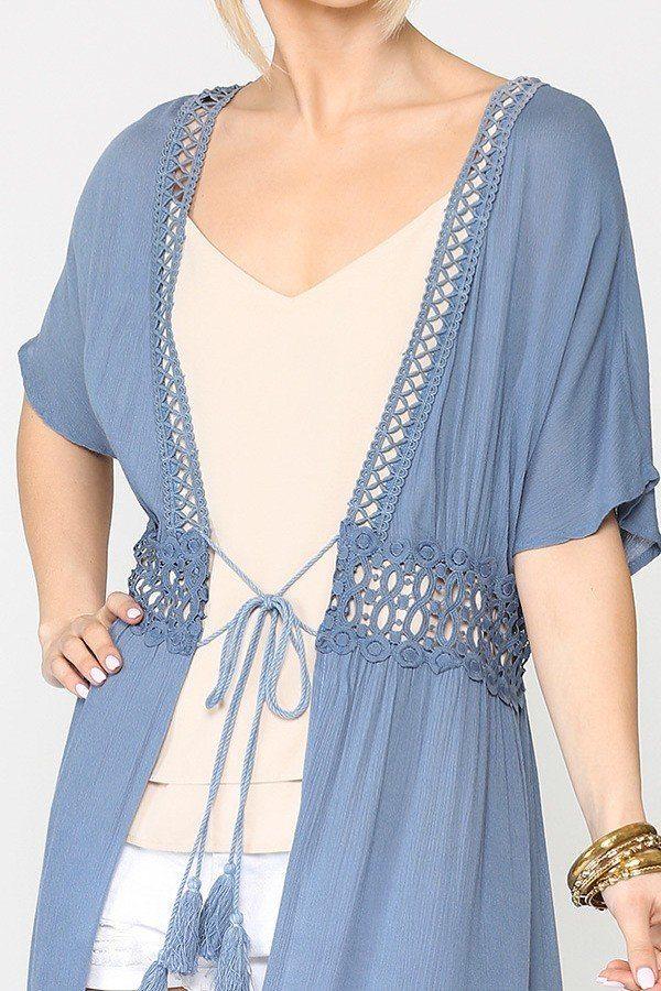 Lace Trim Open Front Tassel Waist Tie Duster Cardigan - Absolute Fashion 2020