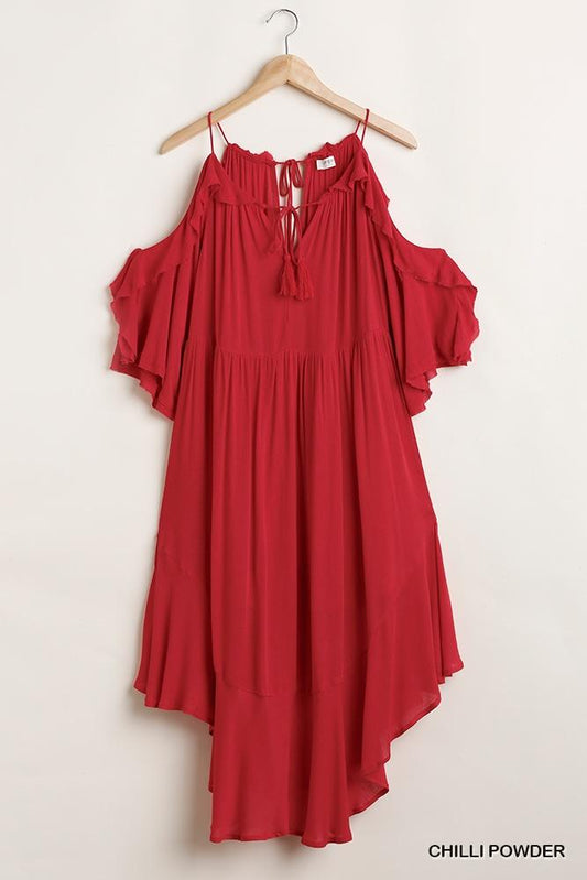 Ruffled Cold Shoulder Maxi Dress With Front Tassel Tie - Absolute Fashion 2020