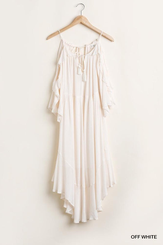 Ruffled Cold Shoulder Maxi Dress With Front Tassel Tie - Absolute Fashion 2020
