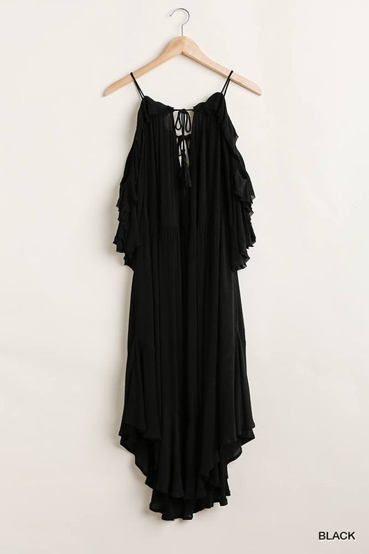 Ruffled Cold Shoulder Maxi Dress With Front Tassel Tie - Absolute Fashion 2020
