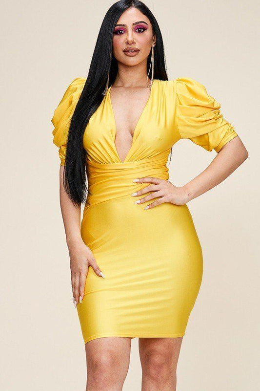 Solid Short Puff Sleeve Dress With Plunged V Neck Line - Absolute Fashion 2020