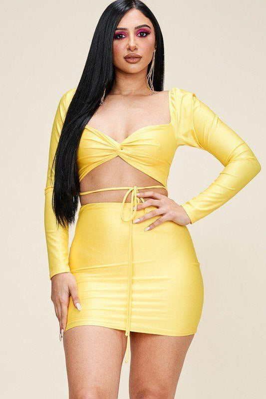Solid Long Sleeve Mini Dress With Twisted Front And Waist Tie - Absolute Fashion 2020