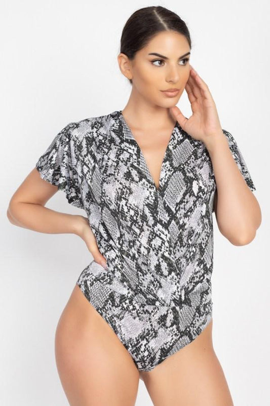 Snakeskin Butterfly Sleeve Bodysuit - Absolute Fashion 2020