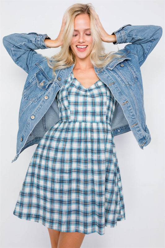 Blue Plaid Stripe Cut Out Back Bow Midi Sundress - Absolute Fashion 2020