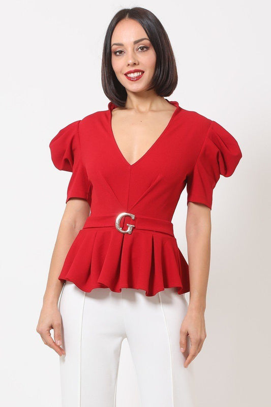 Draped Puff Shoulder Fashion Top With G Buckle Detail - Absolute Fashion 2020
