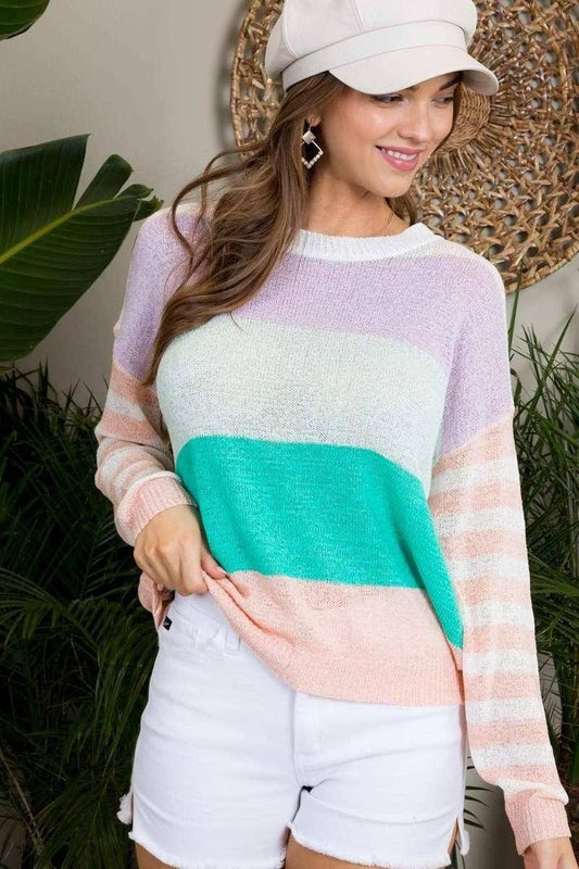 Round Neck Stripe Print Long Sleeve Color Block Sweater - Absolute Fashion 2020