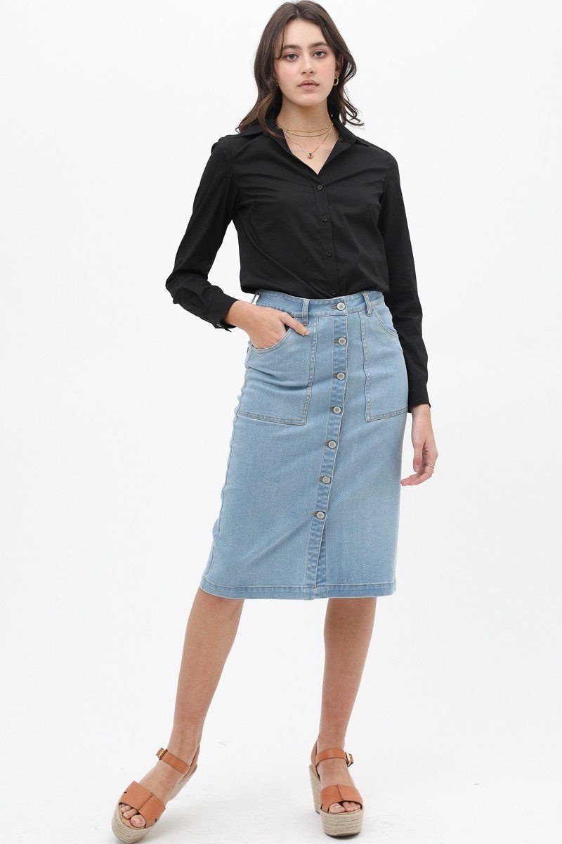 Denim Mid Thigh Length Skirt With Button Down Front Detail - Absolute Fashion 2020