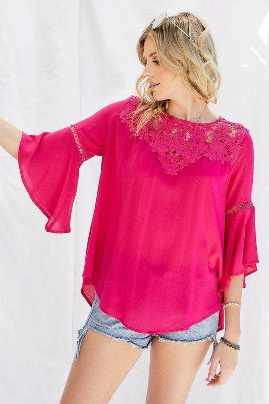 Cute Floral Mesh Lace Accent Yoke Crochet Detailed Tie-back Bell Sleeve Blouse Top - Absolute Fashion 2020