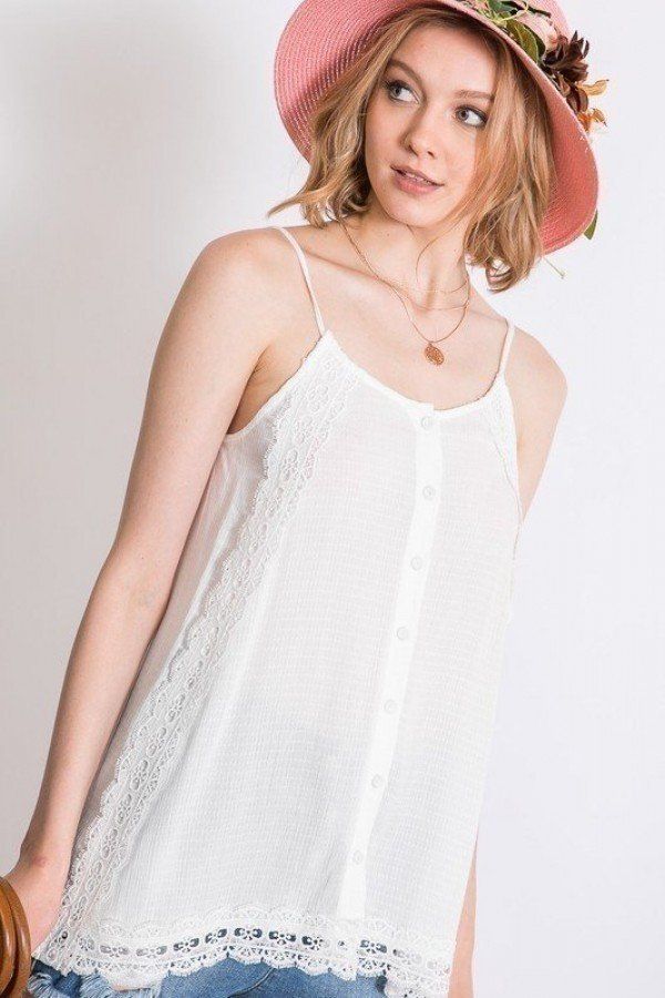 Boho Scallop Lace Trim Detailed Button Down Solid Subtle Textured Slit Side Overlay Layered Cami Top - Absolute Fashion 2020