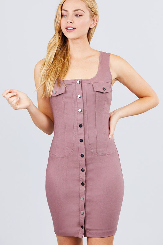 Sleeveless Deep Square Neck Button Down Detail Mini Woven Dress - Absolute Fashion 2020