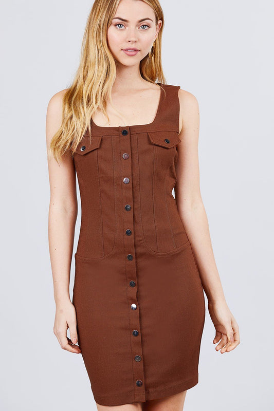 Sleeveless Deep Square Neck Button Down Detail Mini Woven Dress - Absolute Fashion 2020