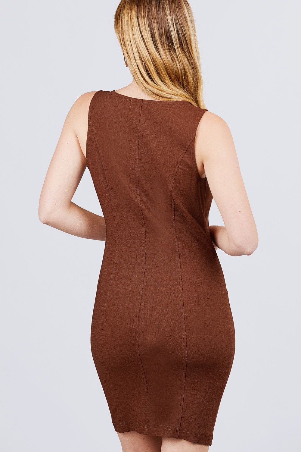 Sleeveless Deep Square Neck Button Down Detail Mini Woven Dress - Absolute Fashion 2020