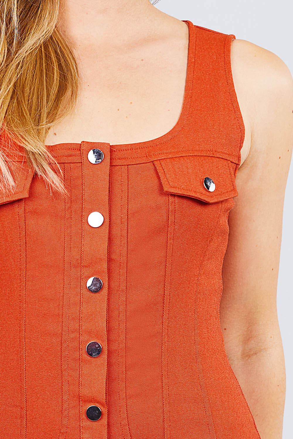 Sleeveless Deep Square Neck Button Down Detail Mini Woven Dress - Absolute Fashion 2020