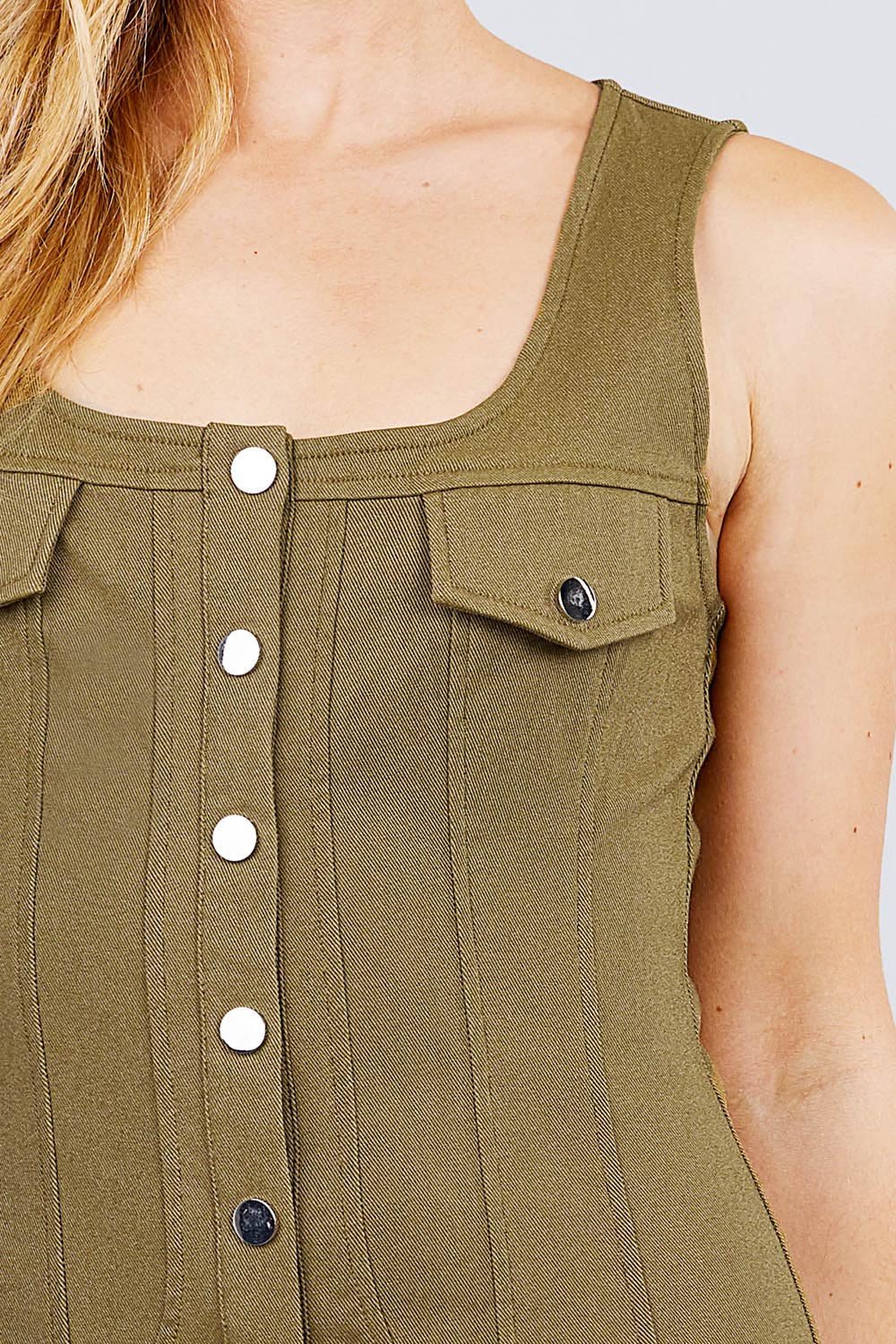 Sleeveless Deep Square Neck Button Down Detail Mini Woven Dress - Absolute Fashion 2020