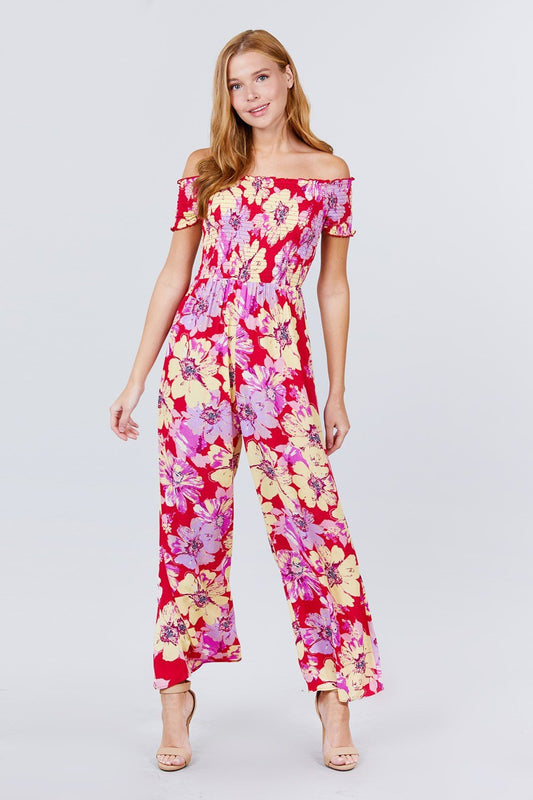 Short Sleeve Off The Shoulder Smocked Detail With Floral Print Long Wide Leg Jumpsuit. - Absolute Fashion 2020