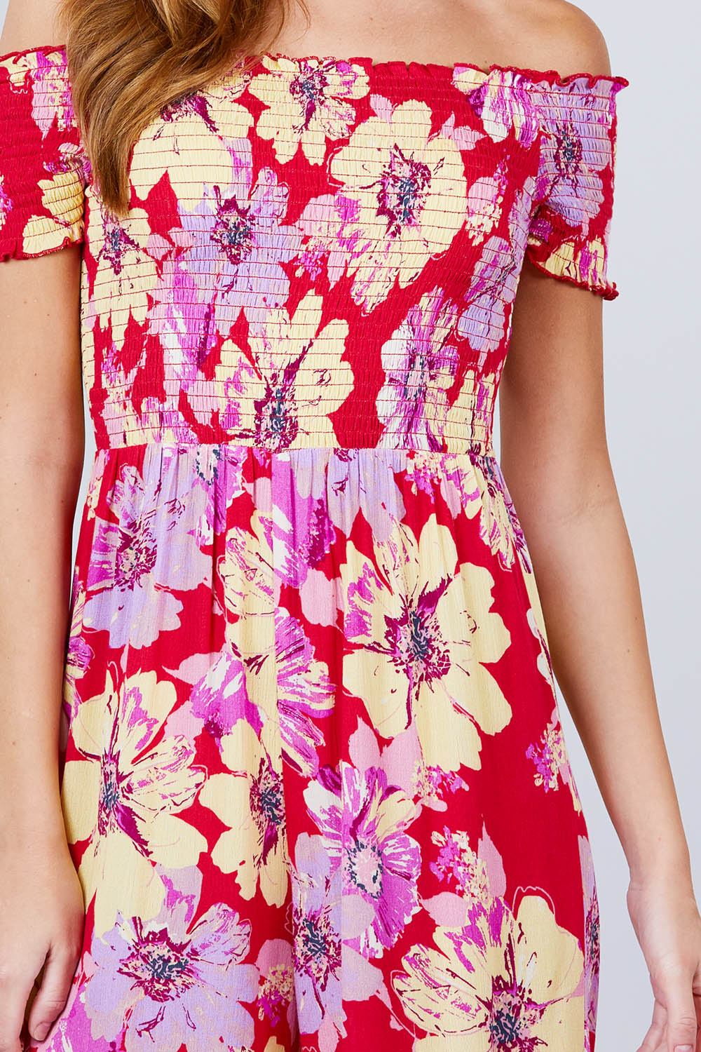 Short Sleeve Off The Shoulder Smocked Detail With Floral Print Long Wide Leg Jumpsuit. - Absolute Fashion 2020