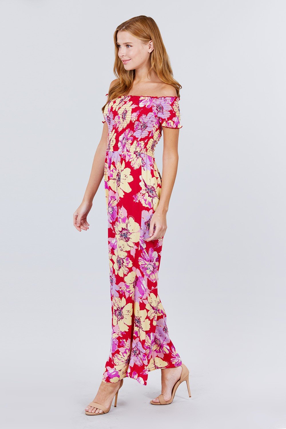 Short Sleeve Off The Shoulder Smocked Detail With Floral Print Long Wide Leg Jumpsuit. - Absolute Fashion 2020