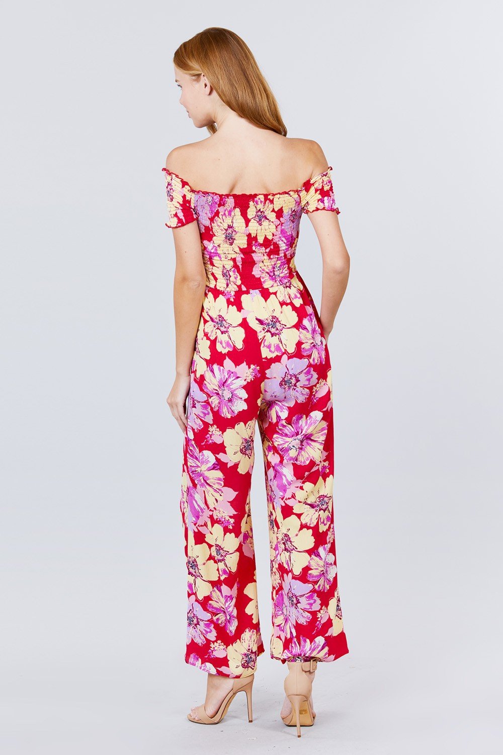 Short Sleeve Off The Shoulder Smocked Detail With Floral Print Long Wide Leg Jumpsuit. - Absolute Fashion 2020