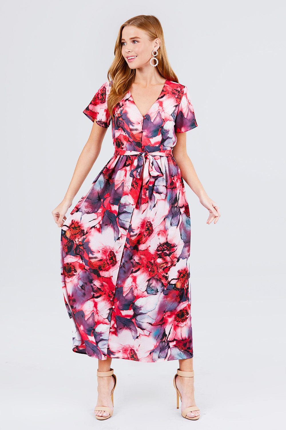 Short Sleeve V-neck Button Down Belted Print Woven Maxi Dress - Absolute Fashion 2020