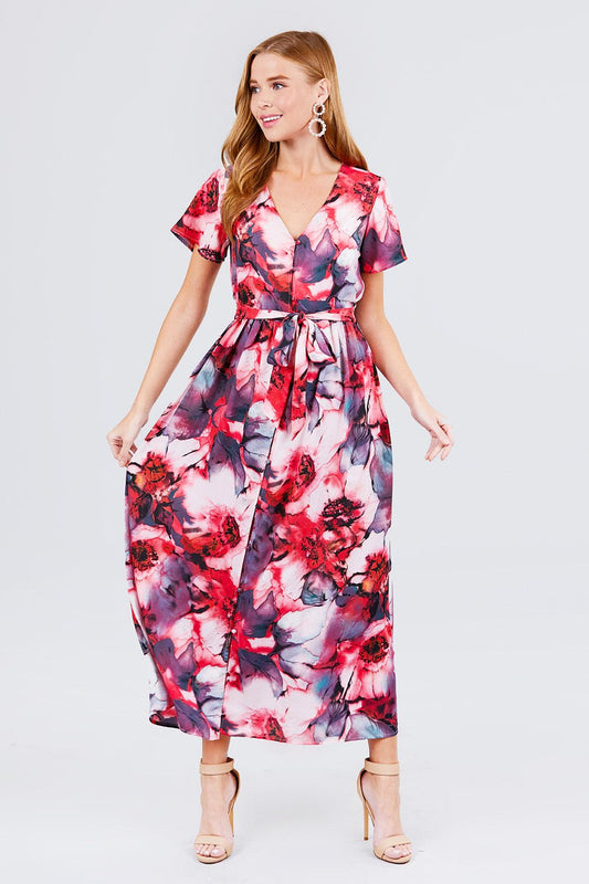 Short Sleeve V-neck Button Down Belted Print Woven Maxi Dress - Absolute Fashion 2020