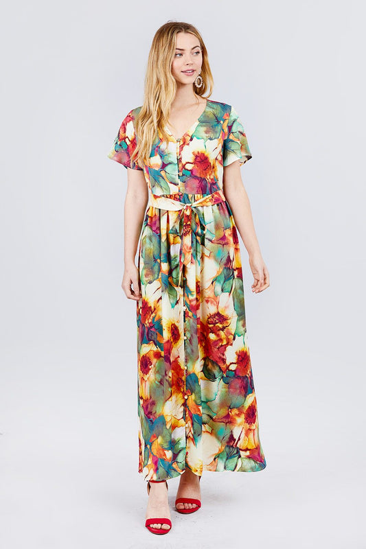 Short Sleeve V-neck Button Down Belted Print Woven Maxi Dress - Absolute Fashion 2020