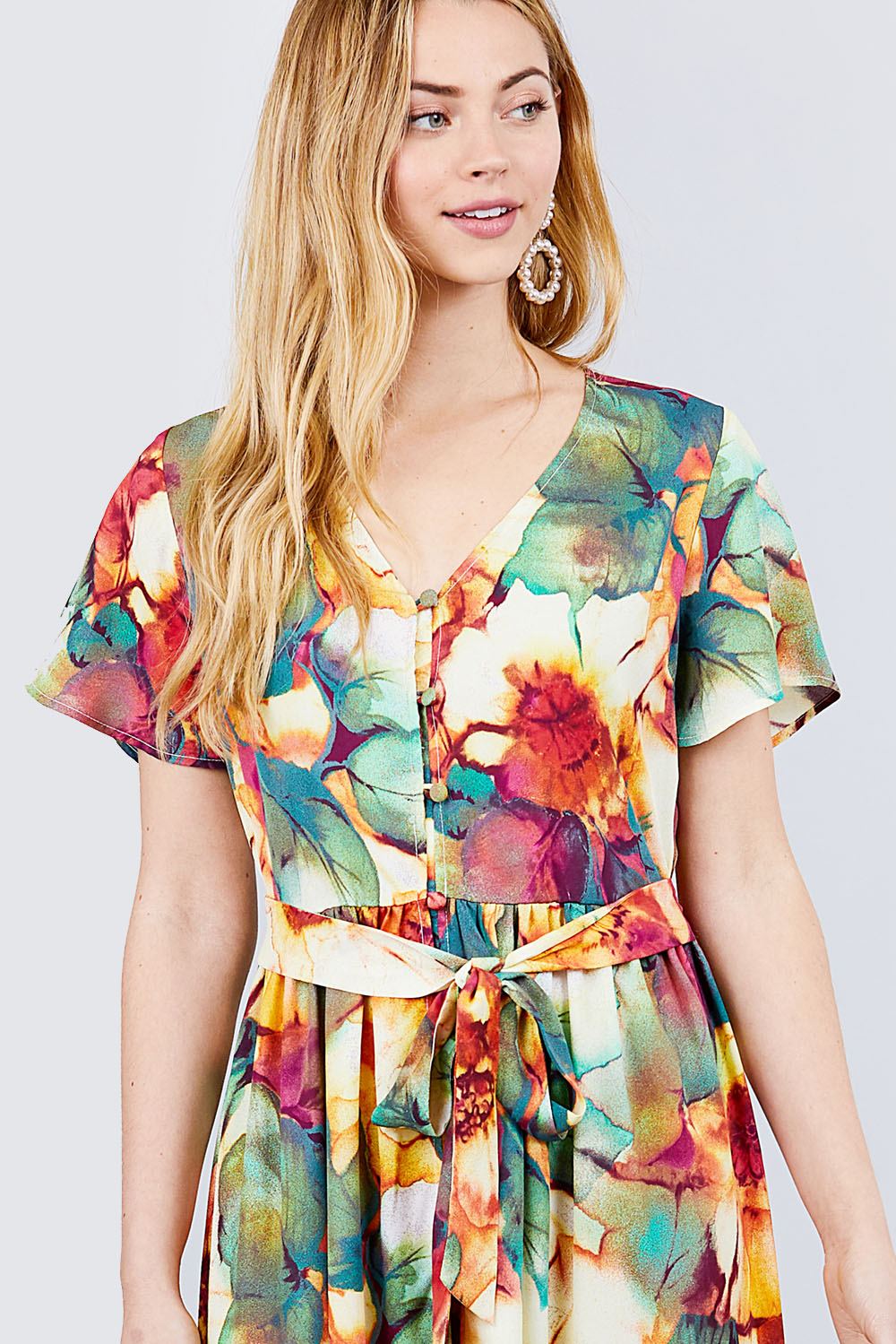 Short Sleeve V-neck Button Down Belted Print Woven Maxi Dress - Absolute Fashion 2020