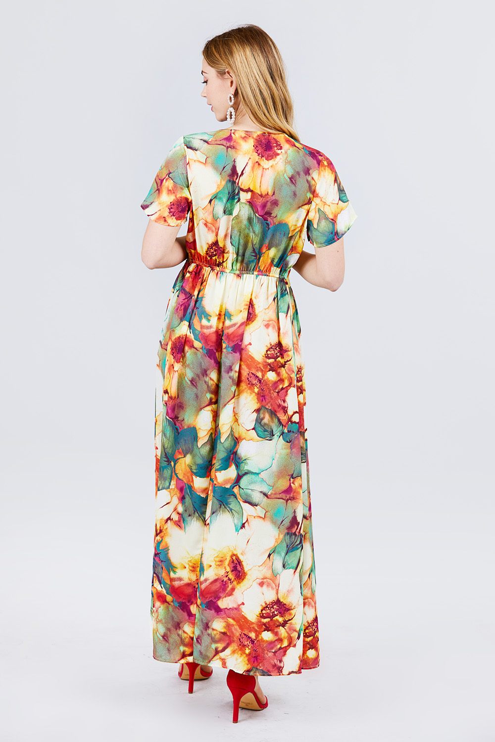 Short Sleeve V-neck Button Down Belted Print Woven Maxi Dress - Absolute Fashion 2020