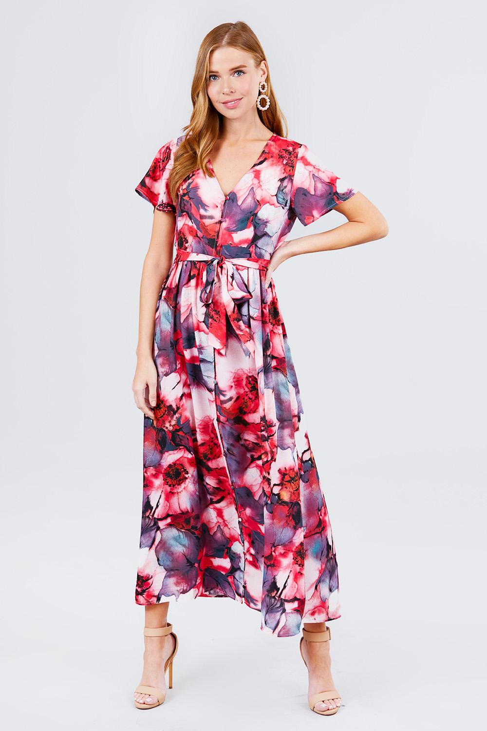 Short Sleeve V-neck Button Down Belted Print Woven Maxi Dress - Absolute Fashion 2020