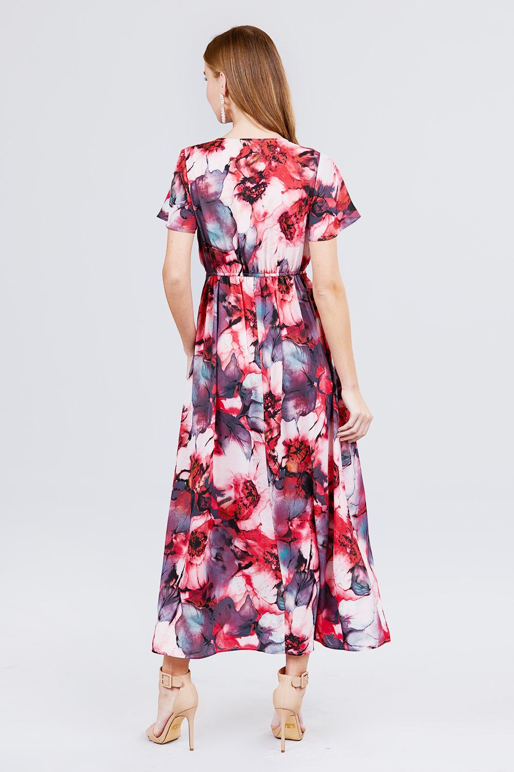 Short Sleeve V-neck Button Down Belted Print Woven Maxi Dress - Absolute Fashion 2020