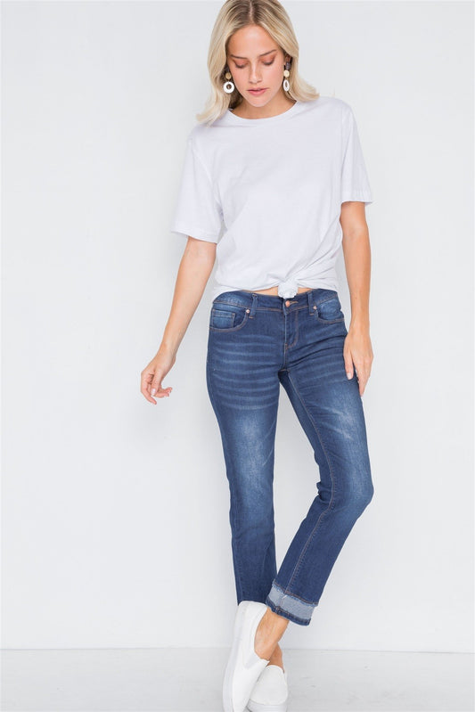Dark Blue Mid-rise Contrast Hem Jeans Pants - Absolute Fashion 2020