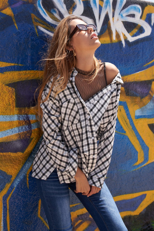 White Black Plaid Asymmetrical Front Button Down Top - Absolute Fashion 2020