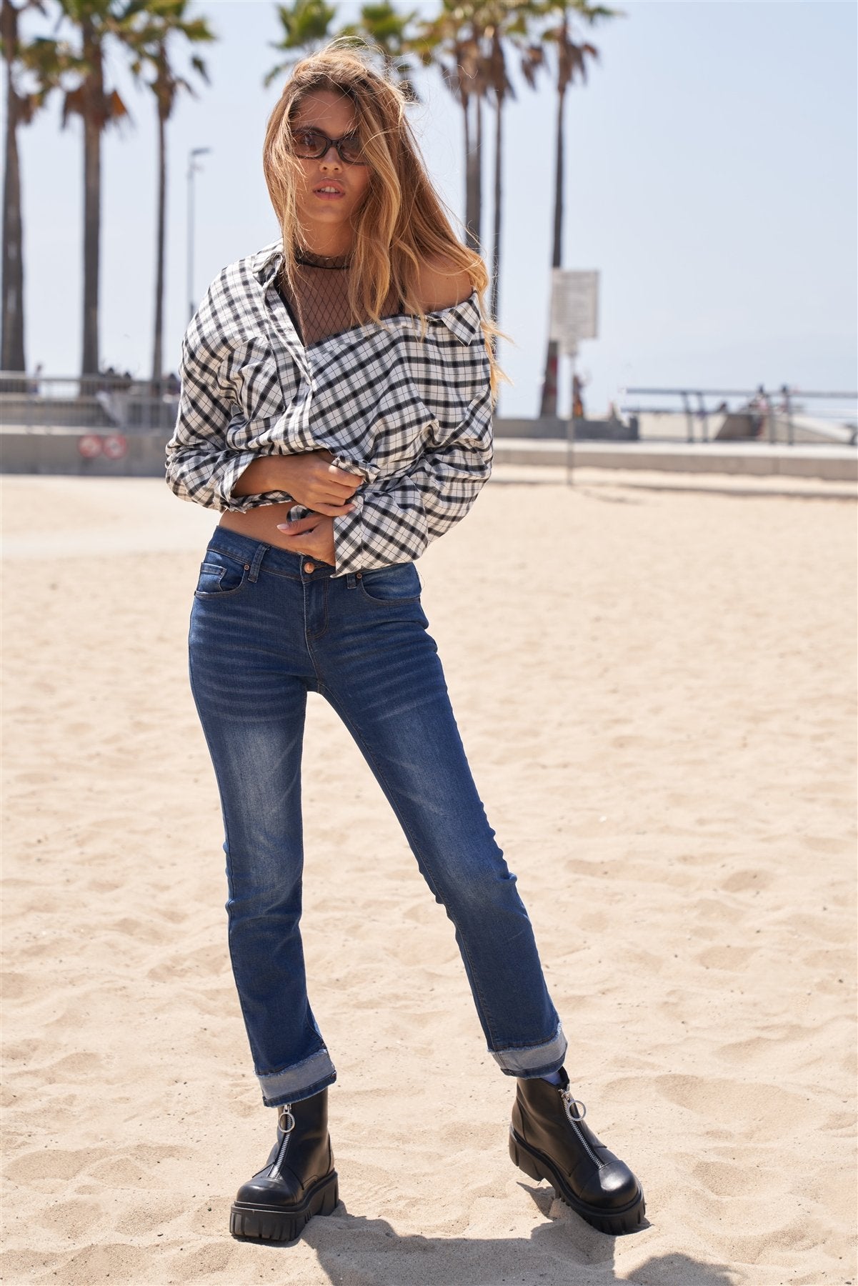 White Black Plaid Asymmetrical Front Button Down Top - Absolute Fashion 2020