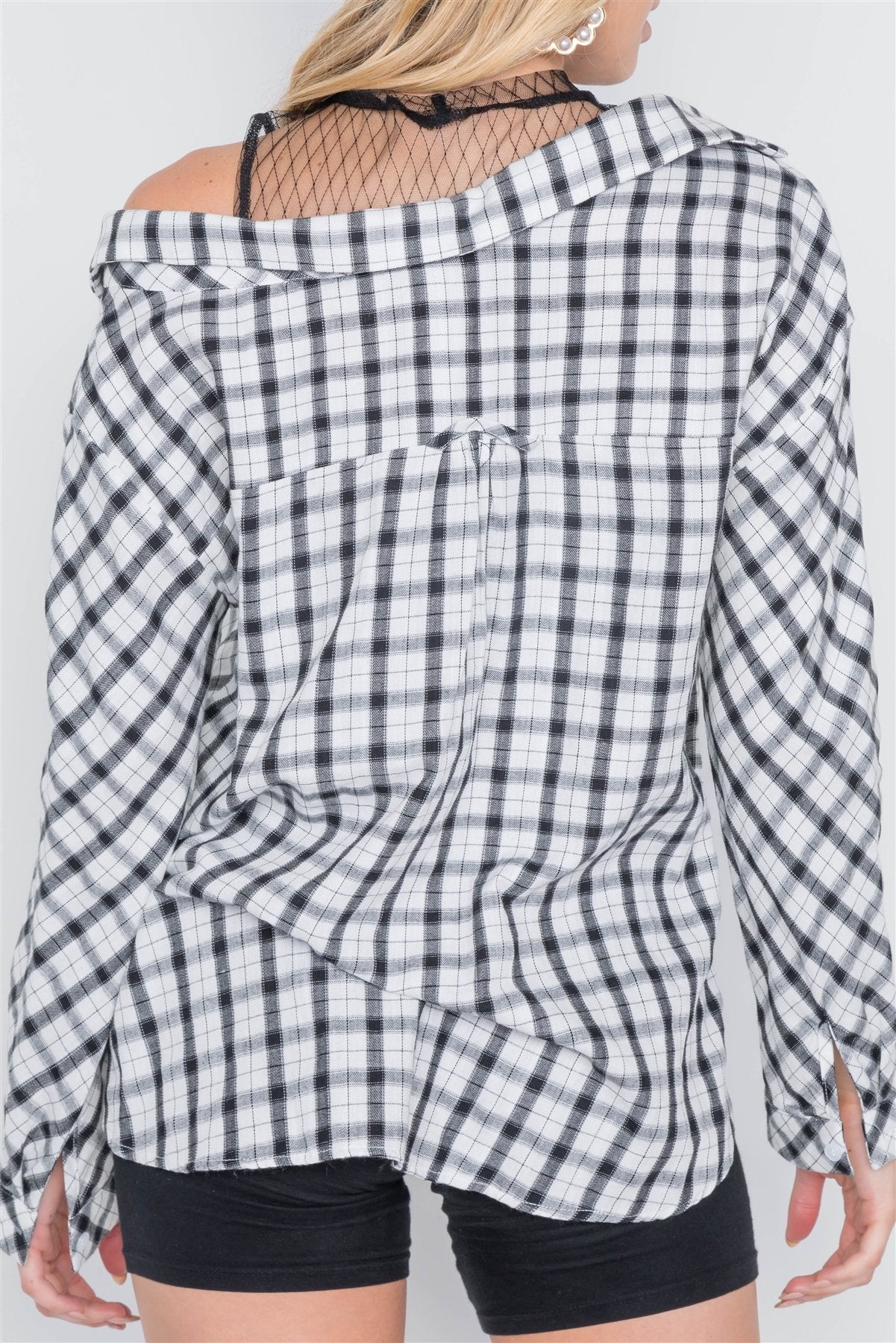 White Black Plaid Asymmetrical Front Button Down Top - Absolute Fashion 2020