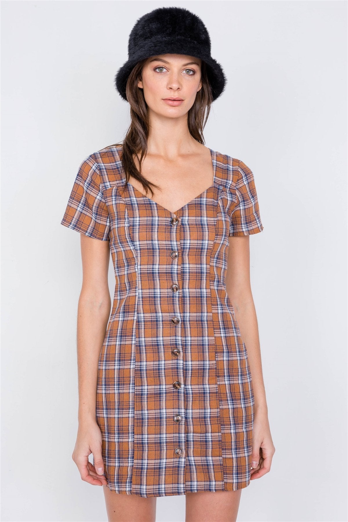 Brown Multi Checkered Stripe Casual Open Back Vintage Mini Dress - Absolute Fashion 2020